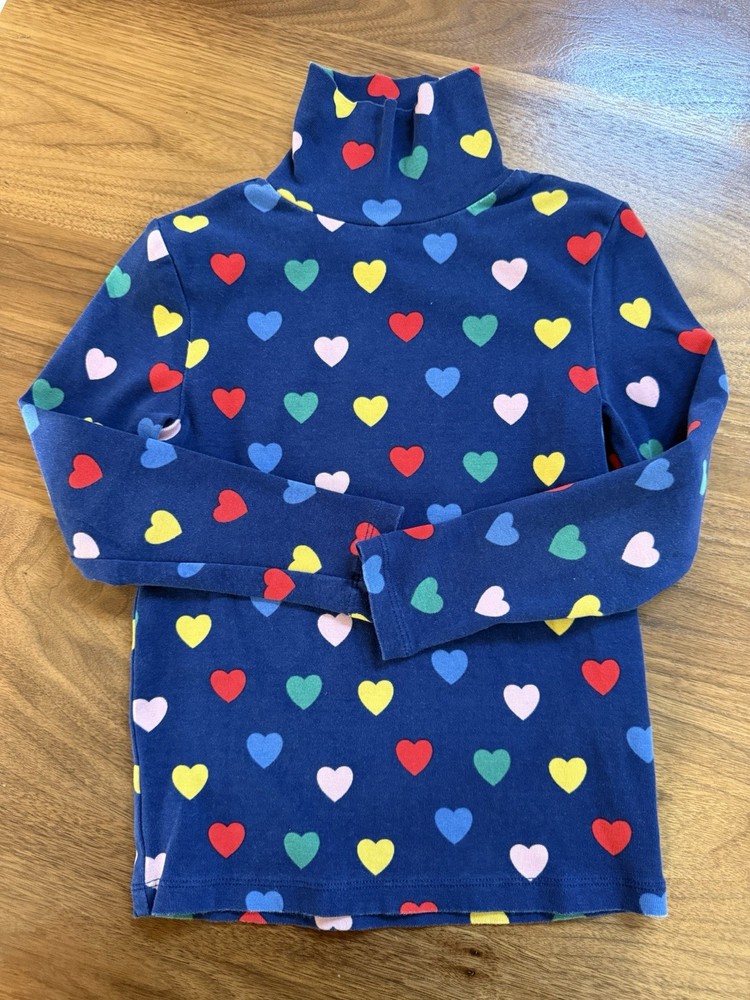 Mini Boden Girls Long Sleeve Shirt Sz 6-7 Turtleneck Navy Hearts