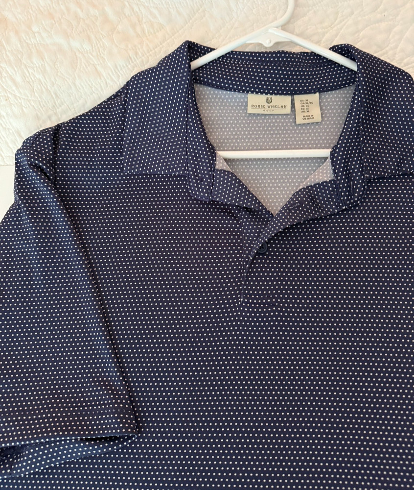 Rorie Whelan Golf Shirt Men's Medium Blue Polka Dot Polo Short Sleeve
