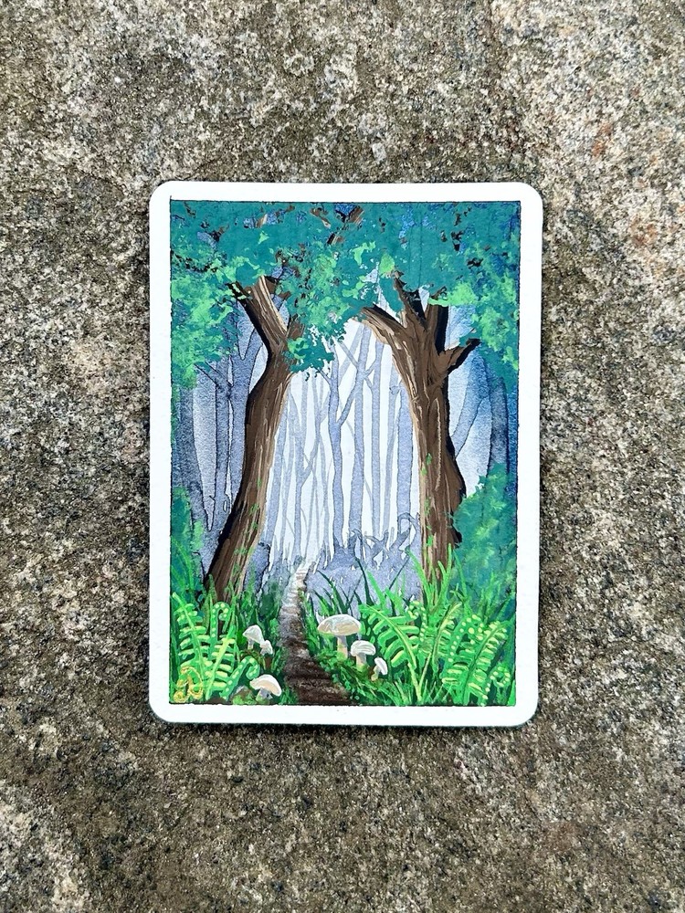 Rainy Walk-Original Watercolor/Gouache ACEO Painting 2.5x3.5 ATC Card Art