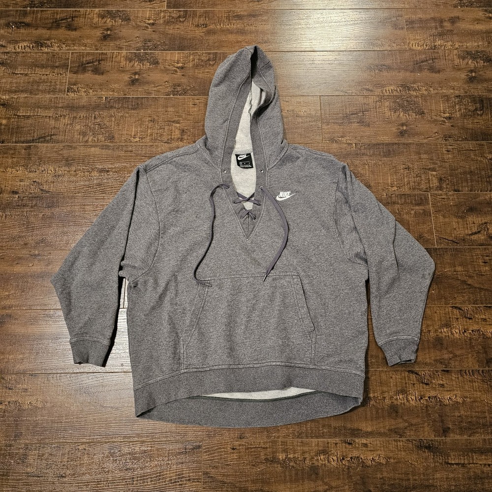 Nike Sportswear Club Lace Up Oversized Pullover Hoodie Gray Women's Medium