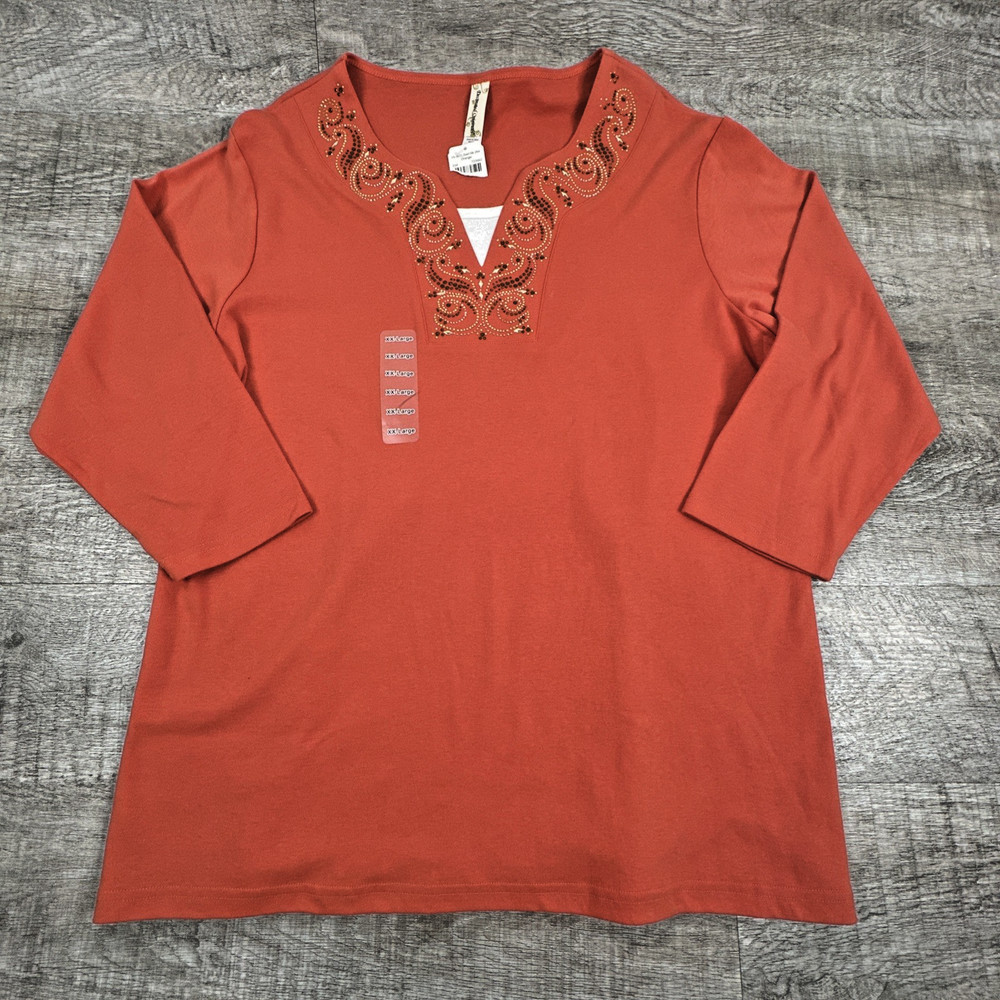 Decorated Originals Women's 2XL Burnt Orange Embroidered Neckline 3/4 Sleeve Top