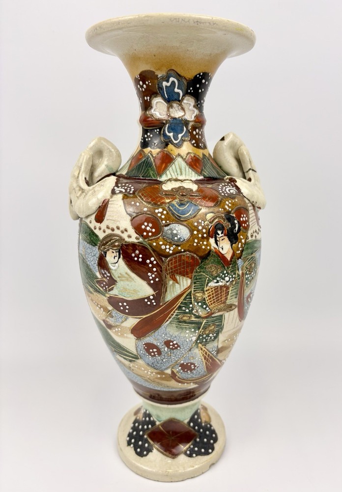 Antique Japanese Moriage Vase 12” Double Handle Satsuma Style Art Pottery FLAW