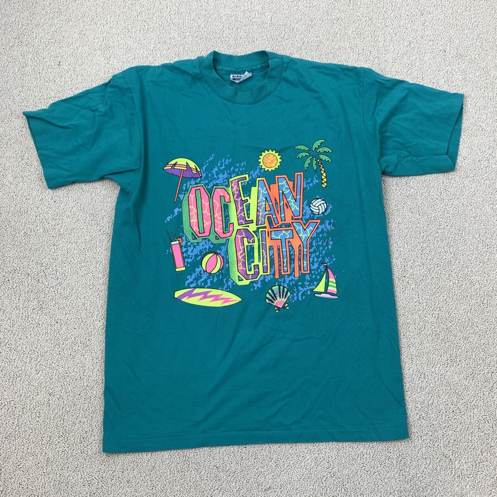 Vintage Ocean City Graphic T-Shirt Men's Large Teal Casual 90s