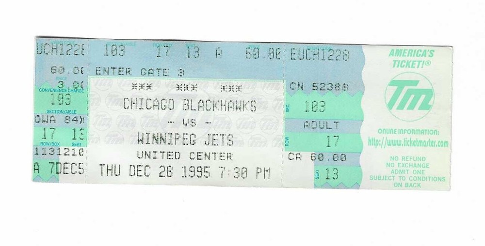 Chicago Blackhawks vs Winnipeg Jets unused Hockey Ticket from 12/28/1995