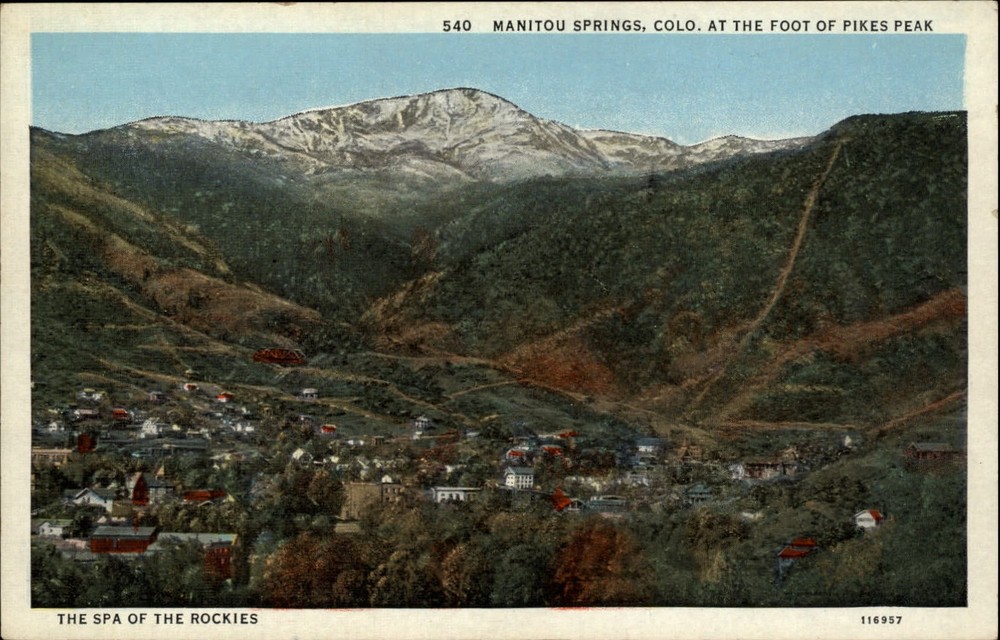 Manitou Springs Colorado ~ at foot of Pikes Peak ~ aerial view ~ snow ~ postcard
