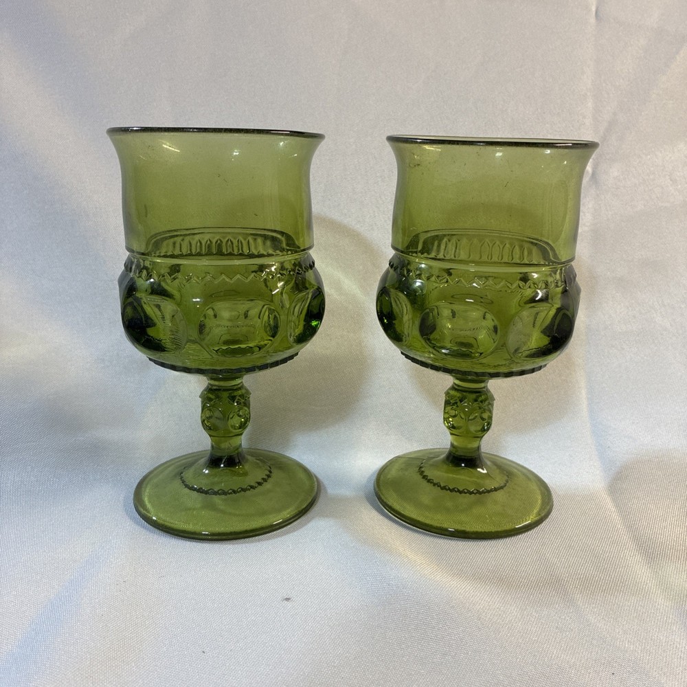 Indiana Glass Kings Crown Thumbprint Avocado Green Stemware Drink Glasses