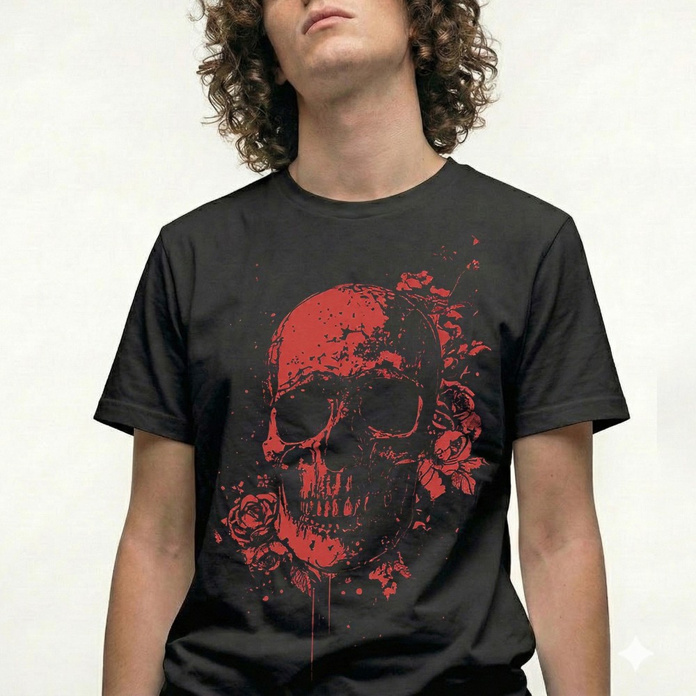 Red Skull T-Shirt Grunge Splatter Art Skeleton Gothic Halloween Edgy Gift