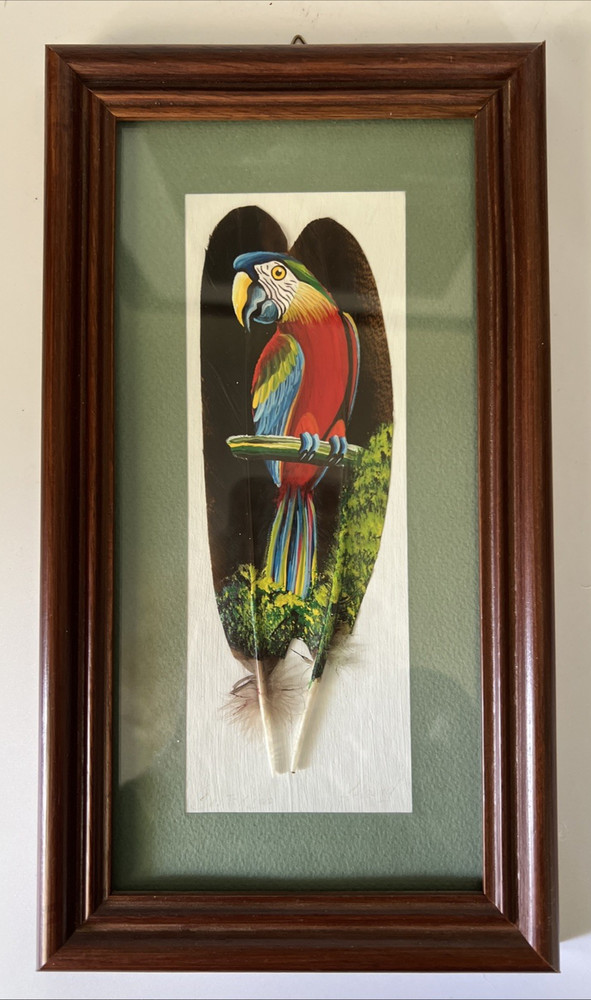 Costa Rica Hand Painted Feather Art PARROT  Matted & Framed ~ 10.5” X 6”