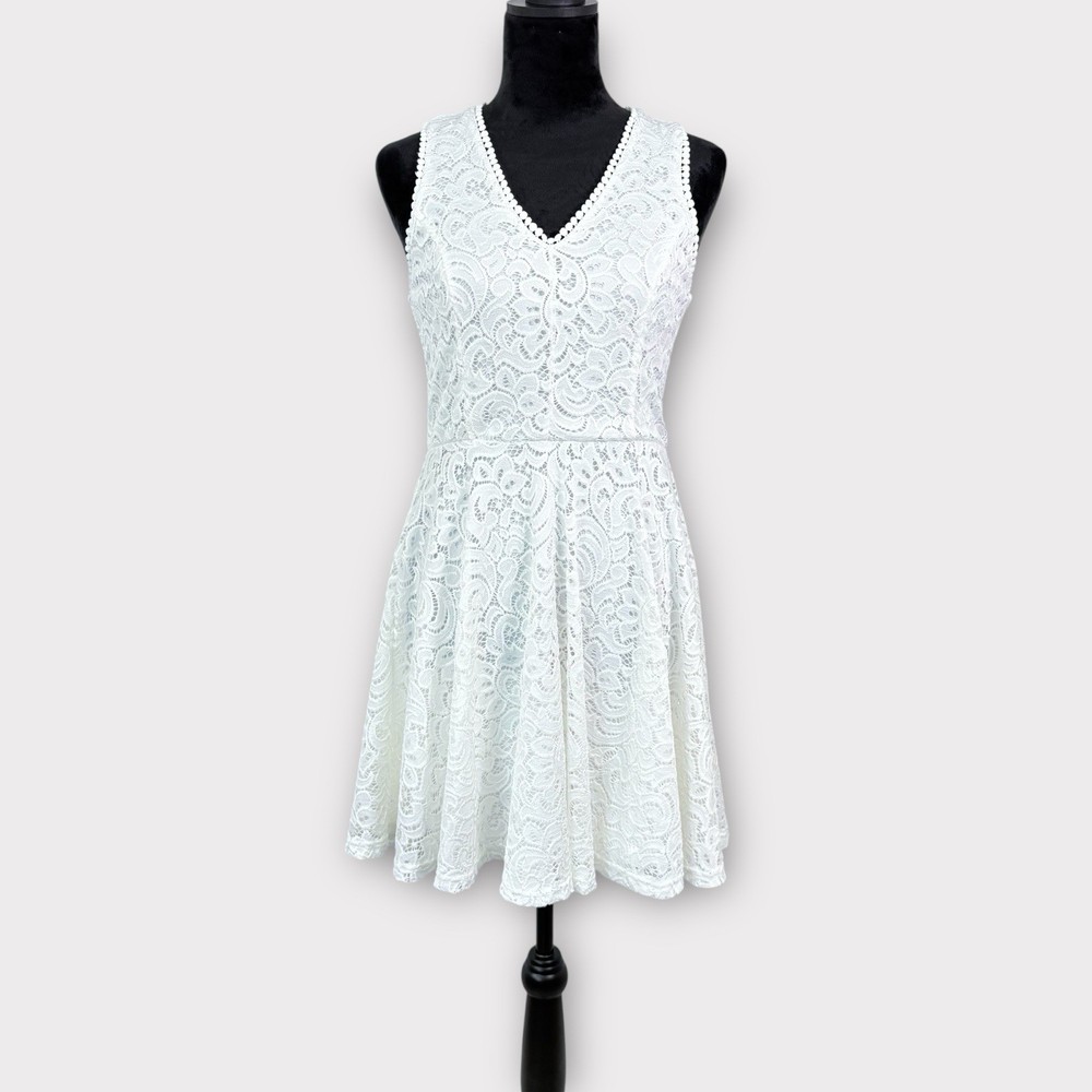 Francesca's Lace A-Line Mini Dress Size S White Sleeveless Lined Stretch Summer