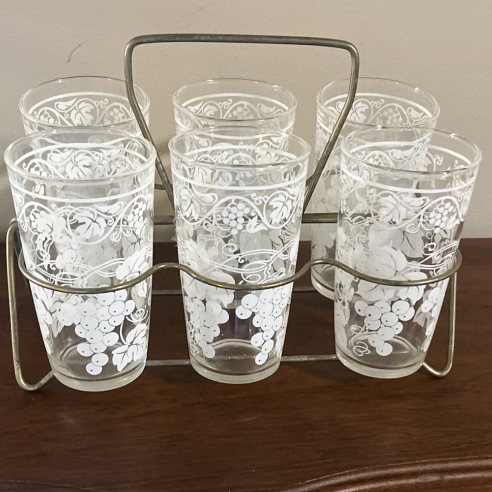 Vintage Glass Tumblers w/ White Grapevine Pattern and Metal Caddy Set of 6