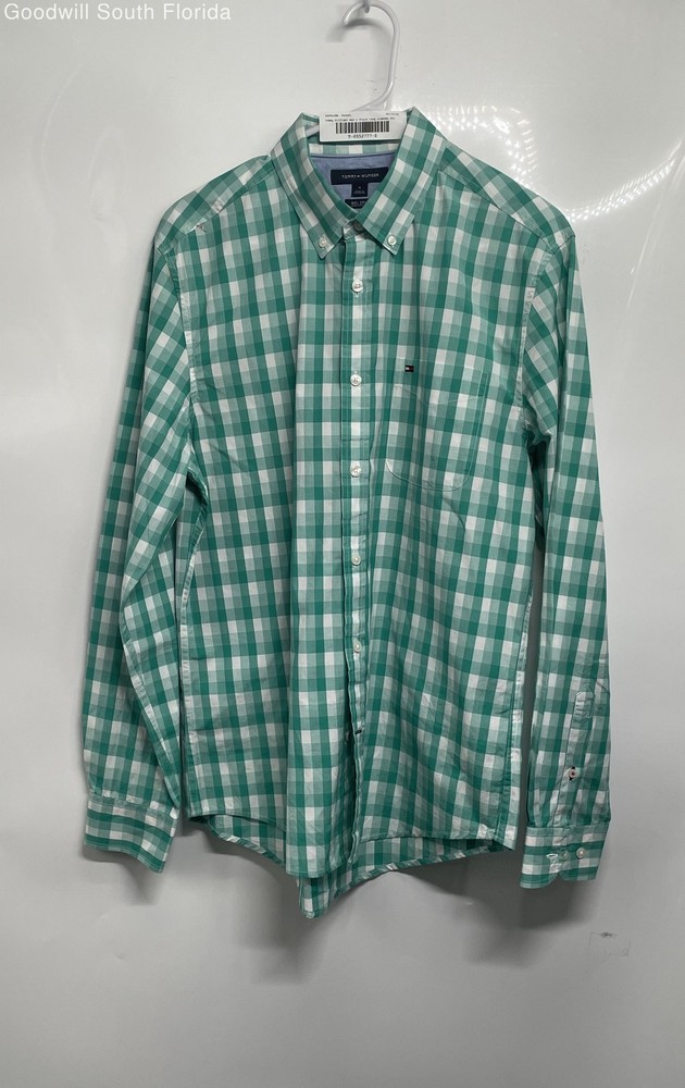 Tommy Hilfiger Mens Green White Check 80's 2Ply Long Sleeve Button-Up Shirt Sz M