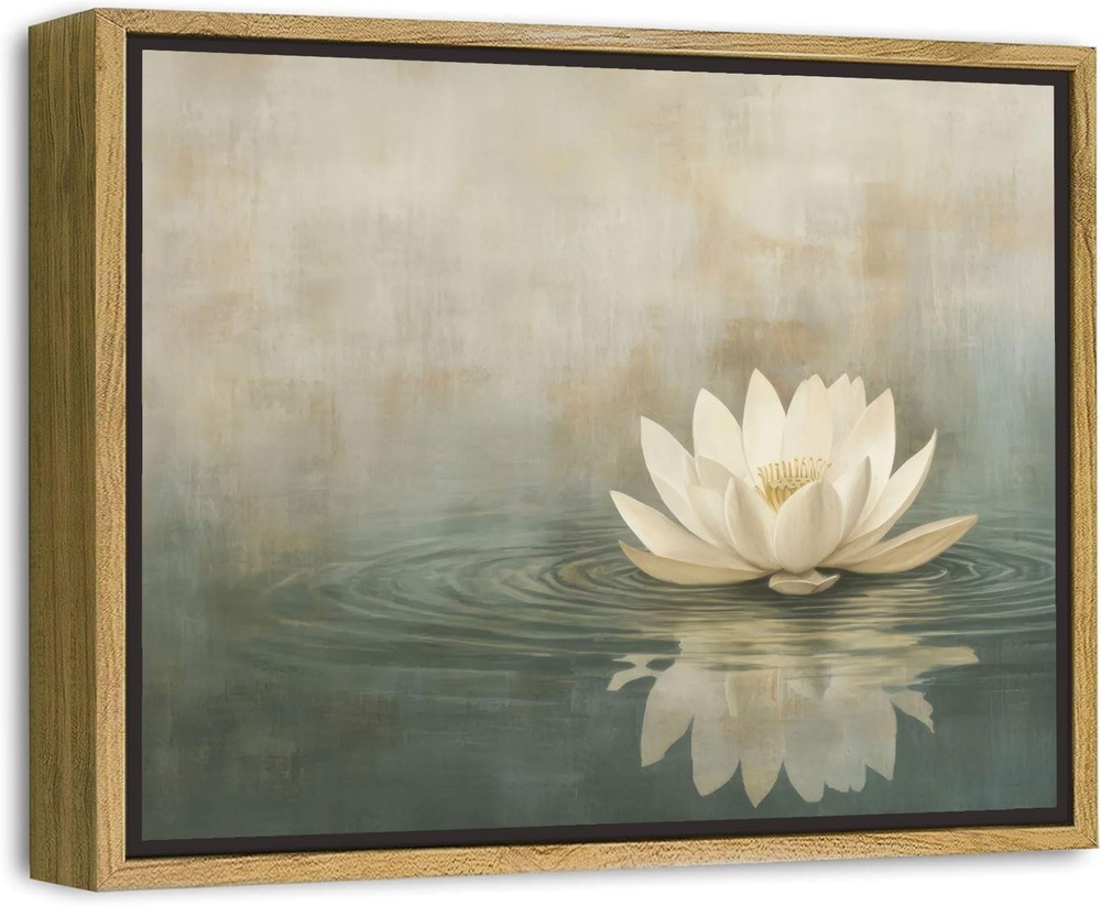 Framed Sage Green Japandi Canvas Wall Art Zen White Lotus Flowers Picture Wal...