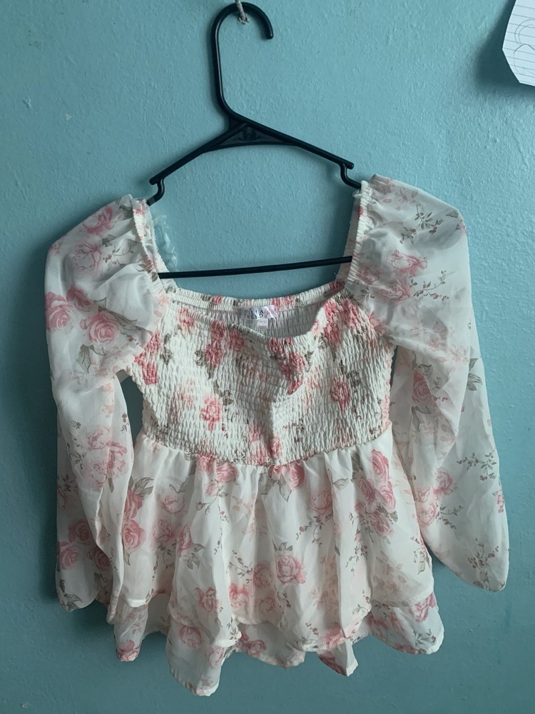 Stella Tweed Girls Floral Peasant Blouse Long Sleeve Scoop Neck Size 10/12