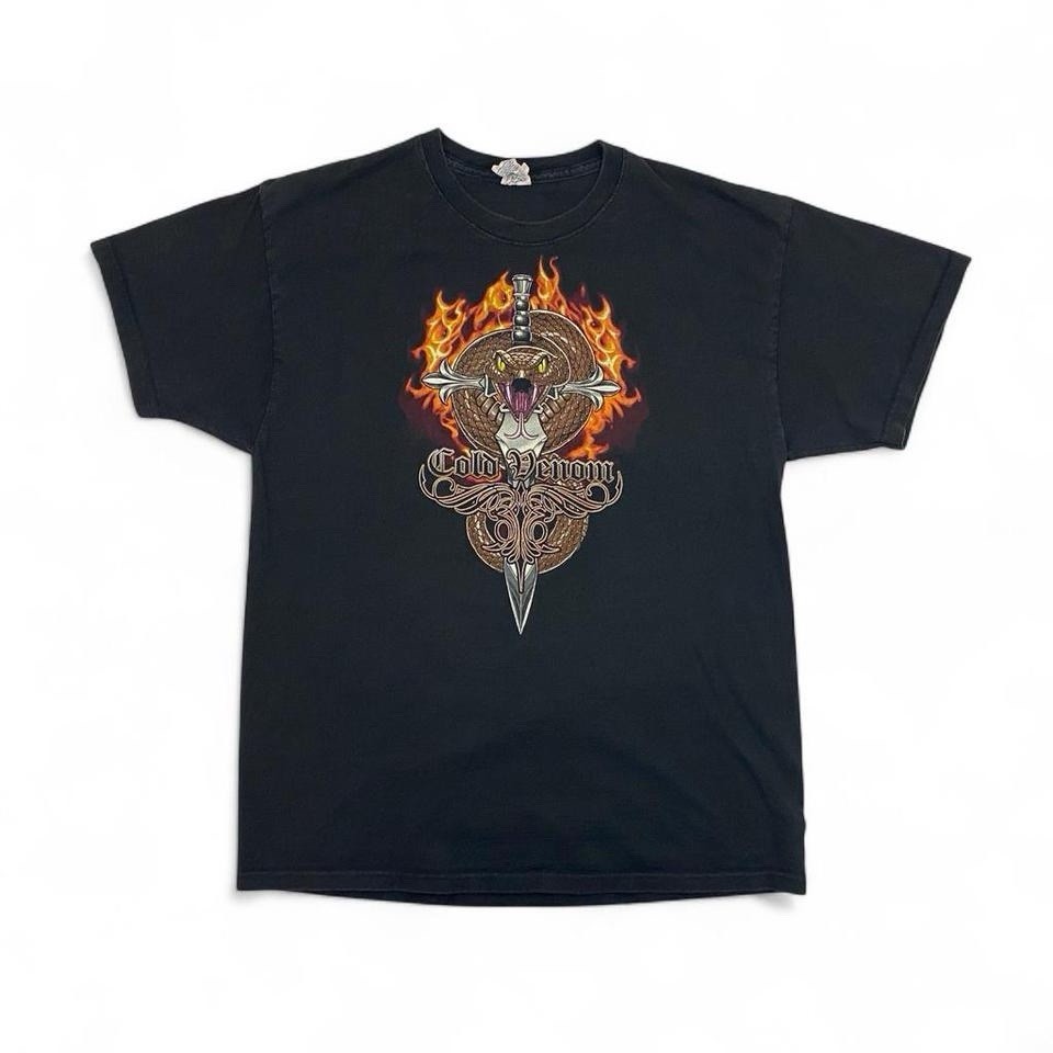 VTG Y2K Cold Venom Snake Biker Punk T Shirt Adult L Black Faded Grunge Flames