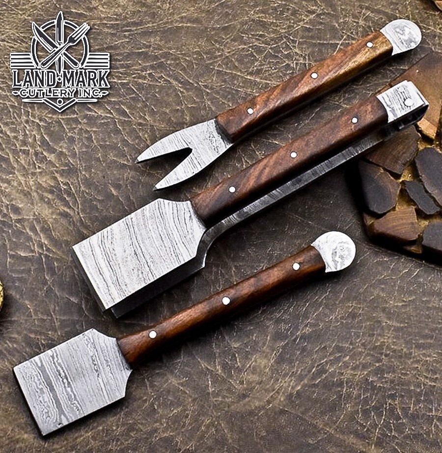 Custom Damascus Steel Hunting & BBQ Set with Rosewood Handle  