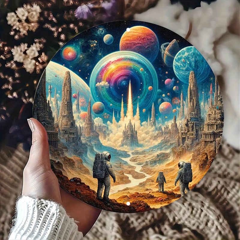 Vintage Cosmic Sci Fi Round Aluminum Wall Art Rustic Metal Sign for Garage Cafe