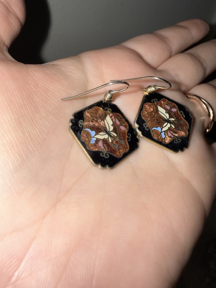 Square Butterfly Cloisonné Vintage Earrings Dangle Gold Tone