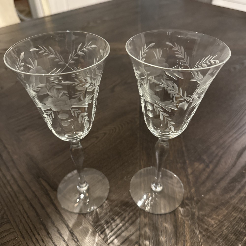 Vintage Crystal wheat etched wine glasses. Clear With Floral Design Set Of 2