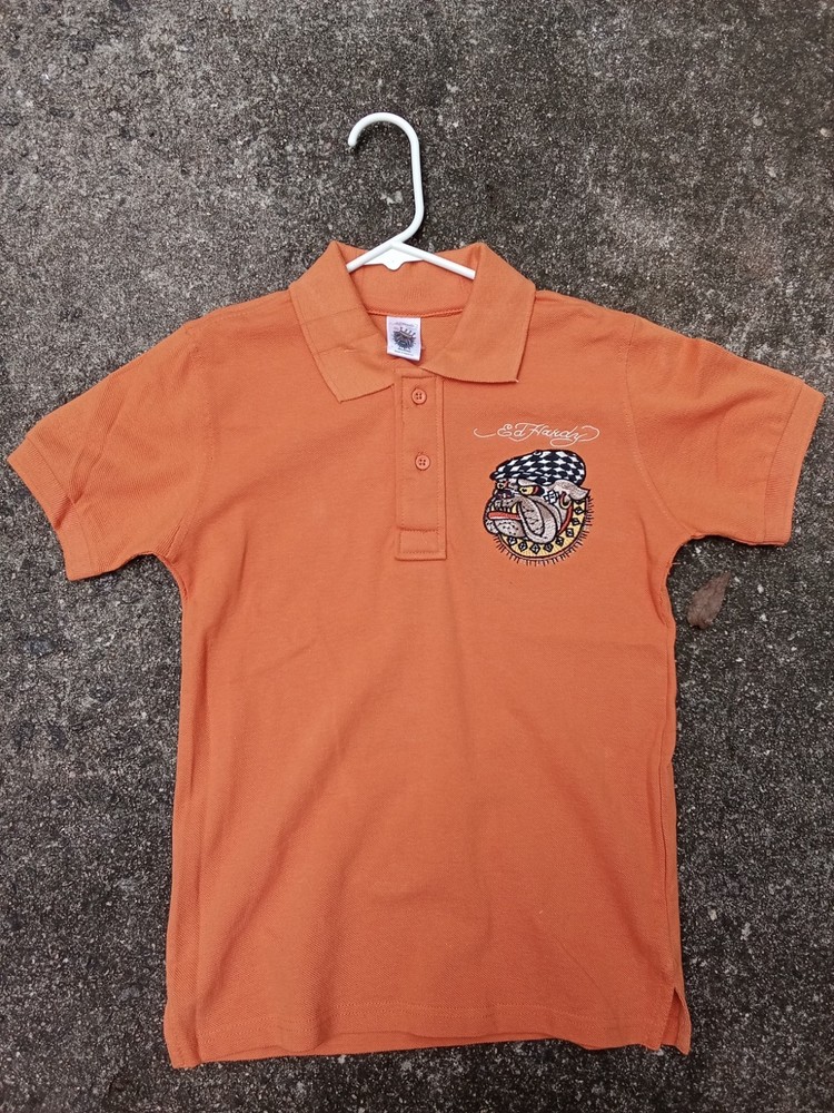 VTG Y2K Youth Sz 10 Ed Hardy Embroidered Spell Out Polo Rugby Orange Tiger HTF