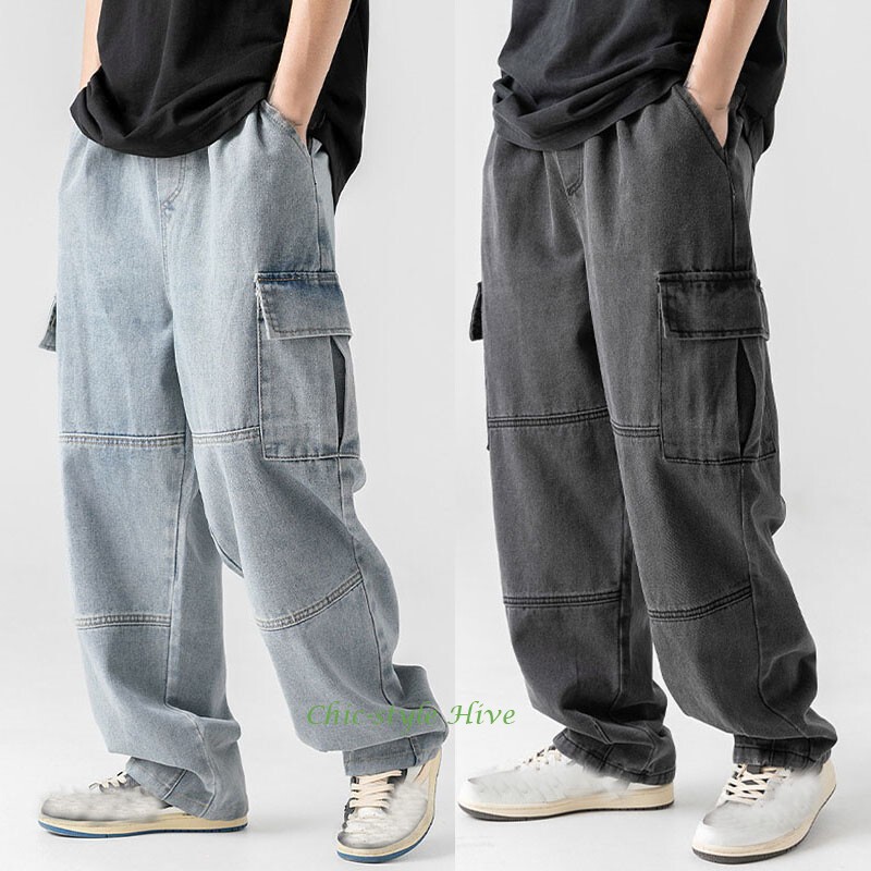 Retro Japanese Men Washed Denim Cargo Pants Jeans Overalls Loose Casual Trousers