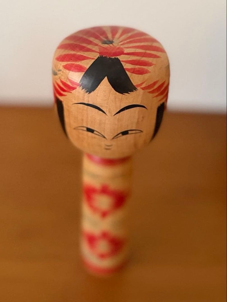 Yusuke Sato Traditional Kokeshi Red Floral 21.5cm Handcrafted Wooden Doll