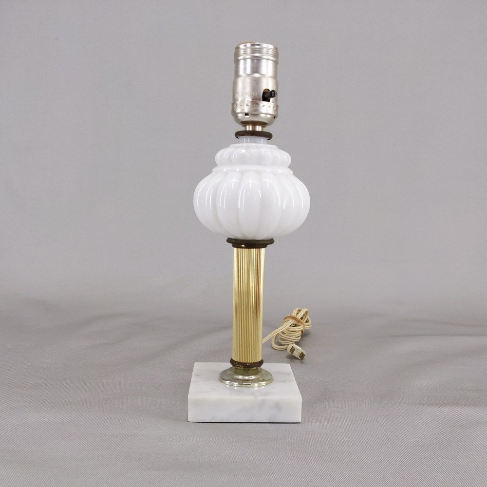 Vintage Table Lamp White Milk Glass Brass Marble Base Hollywood Regency MCM