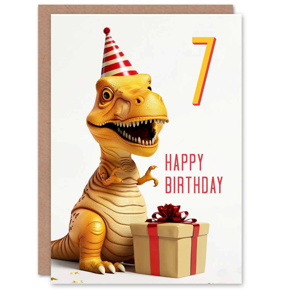 7th Birthday Card Baby T-Rex Dinosaur Party Hat Kids Age 7 Year Old Child