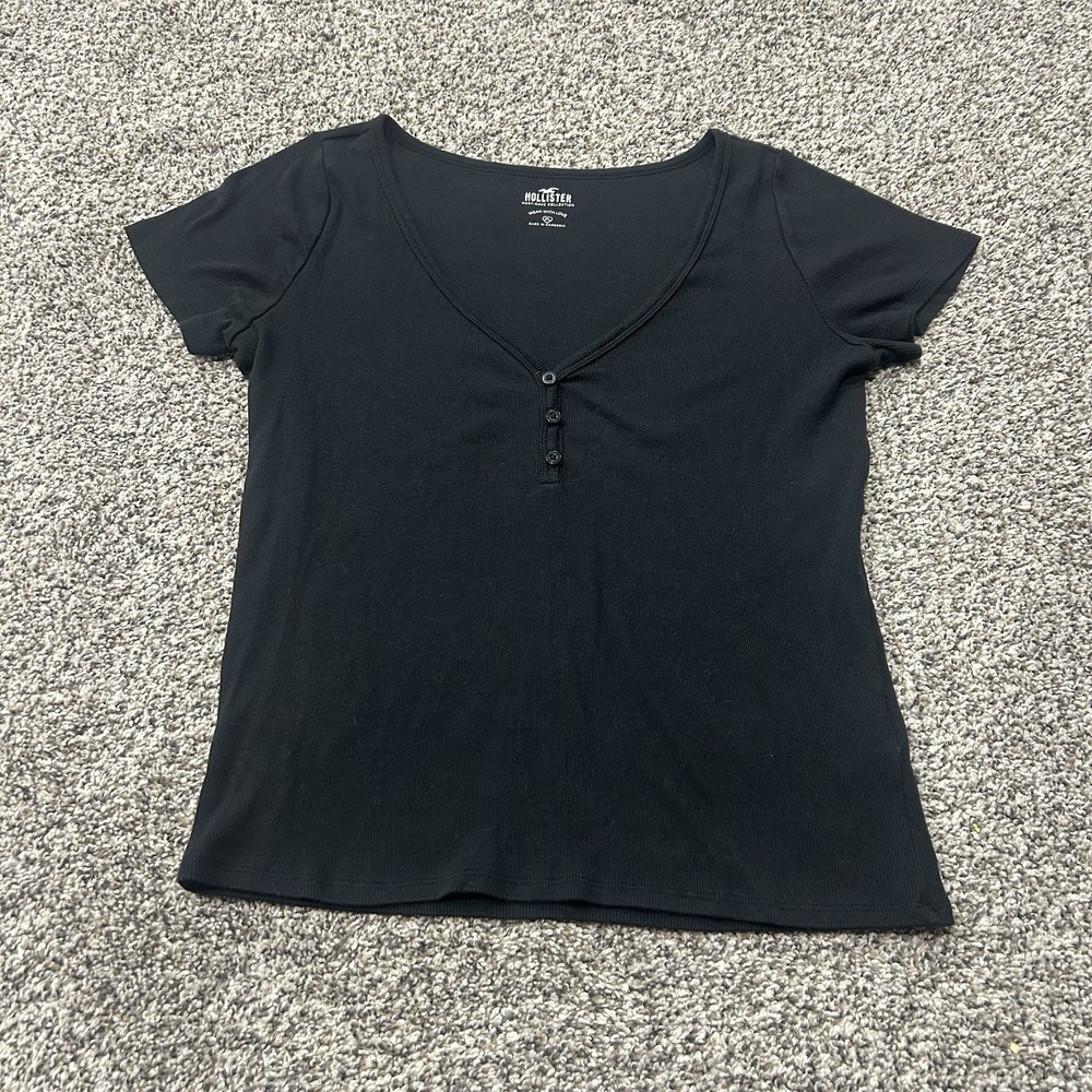 Hollister Baby Tee Ribbed Knit Button Front Top Black Short Sleeve XL Y2K V Neck