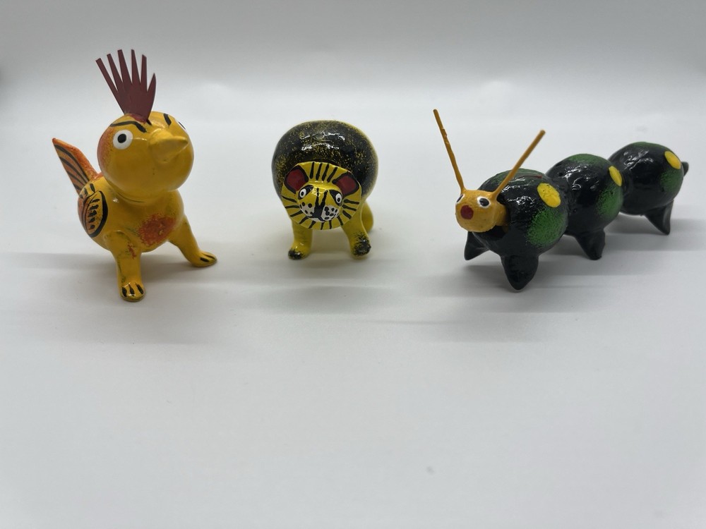 Tonala Mexico Mini Animal Bobble Head Hand Crafted/Painted Lot Of 3