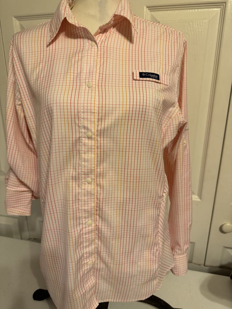 Women’s Columbia PFG Fishing Shirt Large Pink/Orange Vented Adj Sleeves Outdoors