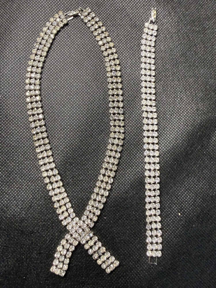 Vintage Silver Tone 3 Strand Rhinestone Necklace & Bracelet Set