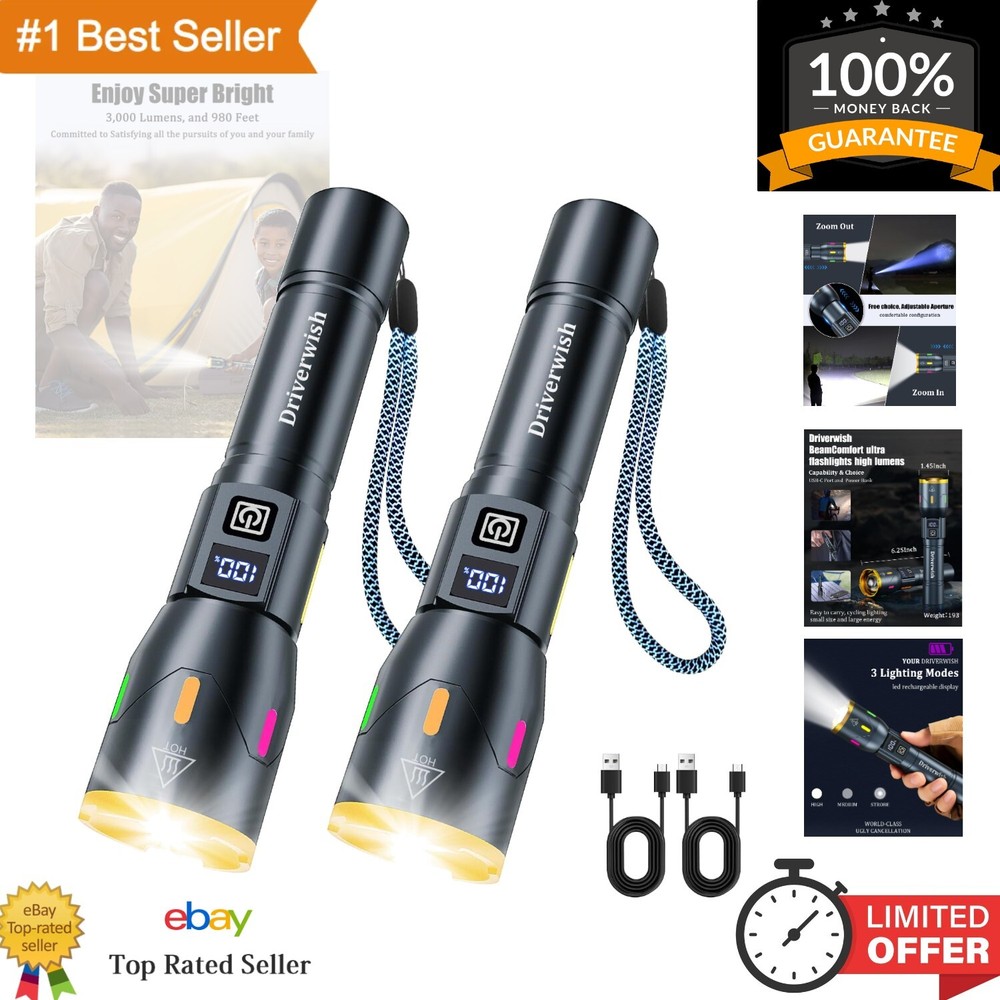 High Lumens Rechargeable Flashlight Set - 3000 Lumens with Multi-Color Strip