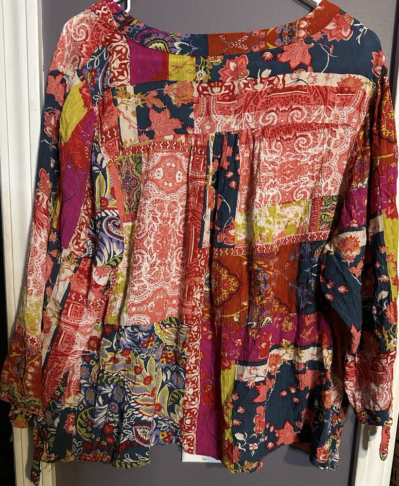 Multicolor Patchwork V-Neck Long Sleeve Rayon Tunic Blouse Women's L