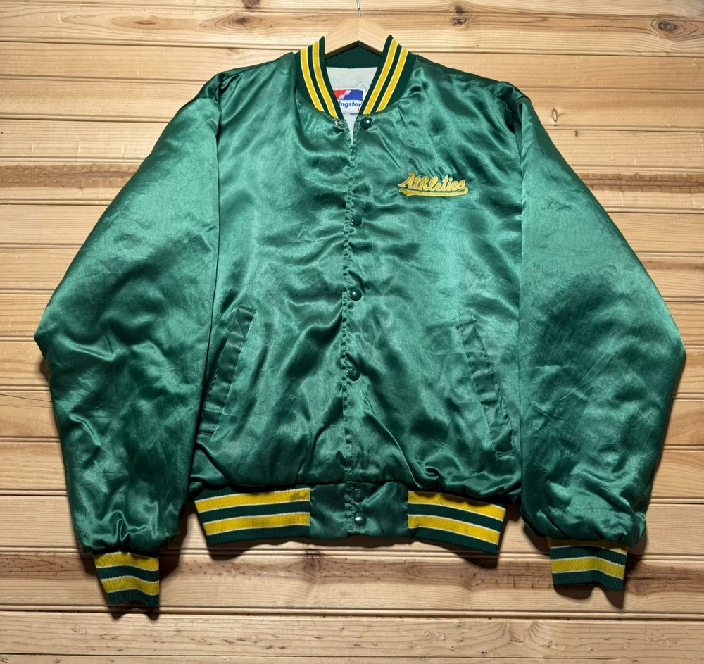 Vintage 80s 90s Athletics Script Logo Button Front Satin Bomber Jacket USA Large
