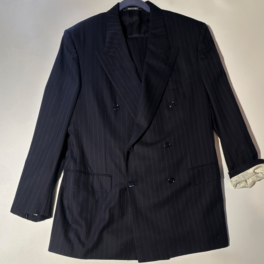 d'Avenza Roma Navy Wool Double-Breasted Hand-Tailored Pinstripe Suit 2 Piece 44L