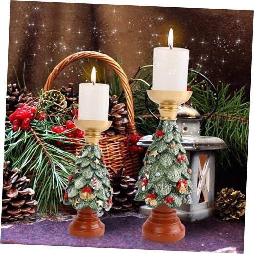 2PCS Christmas Tree Candle Holder Decor, Resin Candle Stand for Pillar