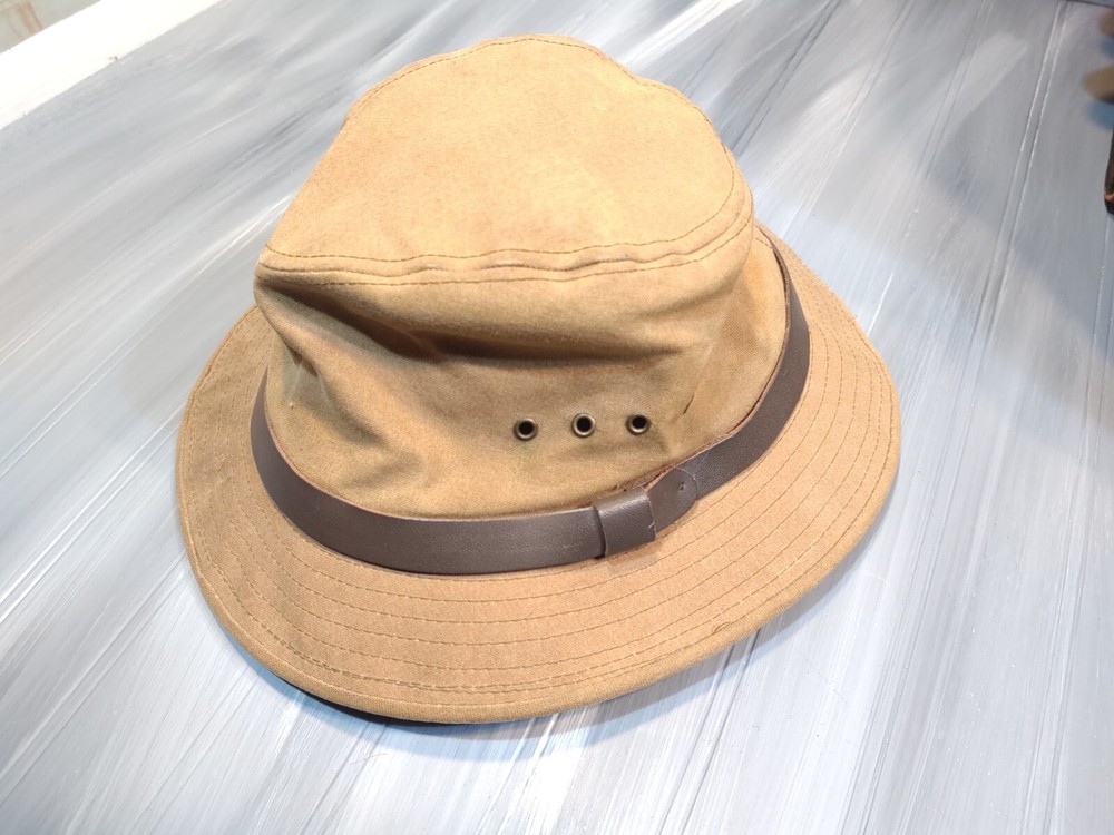 CC Filson Waxed Cotton Large Tin Cloth Packer Hat with Vintage Leather Trim USA Made