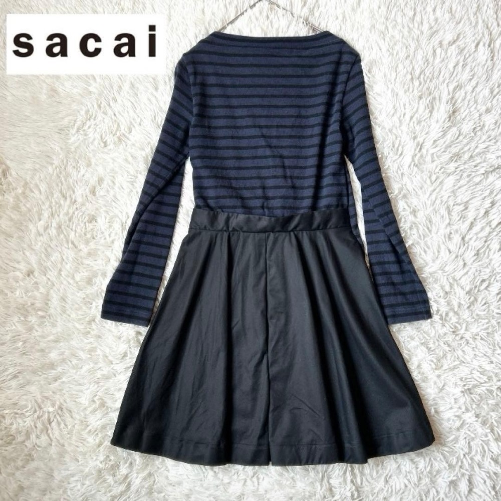sacai Border Docking Dress M Navy/Black Long Sleeve Flare Women's