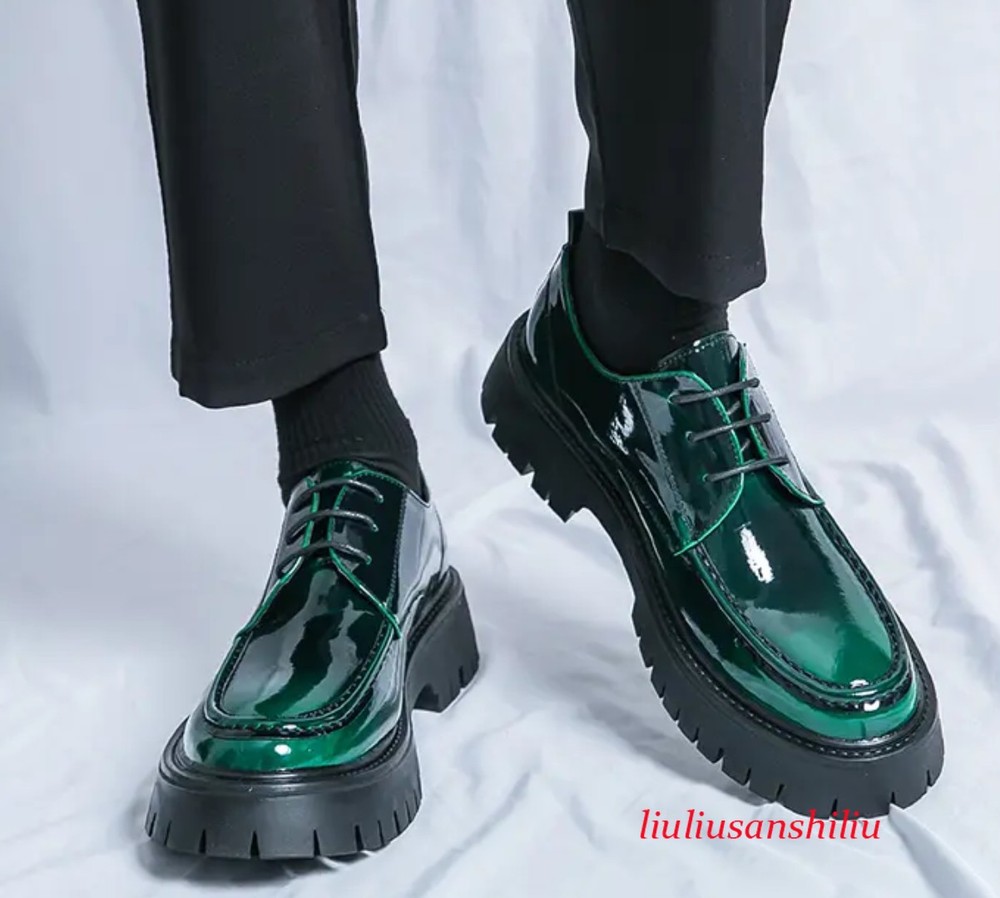 Loafers Mens Round Toe Patent Lace Up Dress Fashion Platform British Shiny Shoes