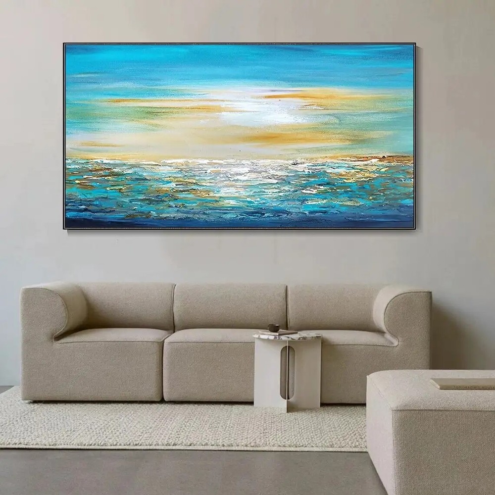 Large Hand-Painted Lake Snow Mountain Nature Landscape Oil Painting with Rich Texture