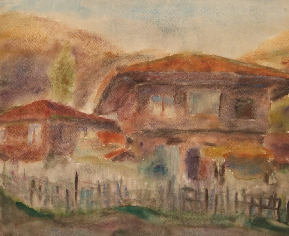 Antique original country landscape watercolor painting