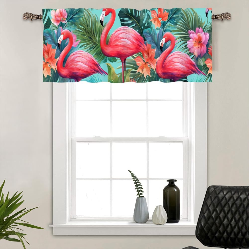 1 Panel Abstract Flamingo Kitchen Valance Curtains for Windows, Floral Palm T...-image