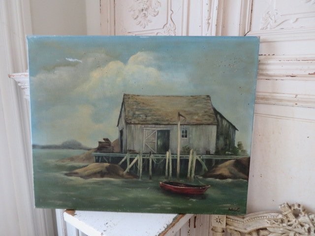 Vintage OIL PAINTING Coastal Ocean Beach Scene Wharf Shack Small Boat on Canvas