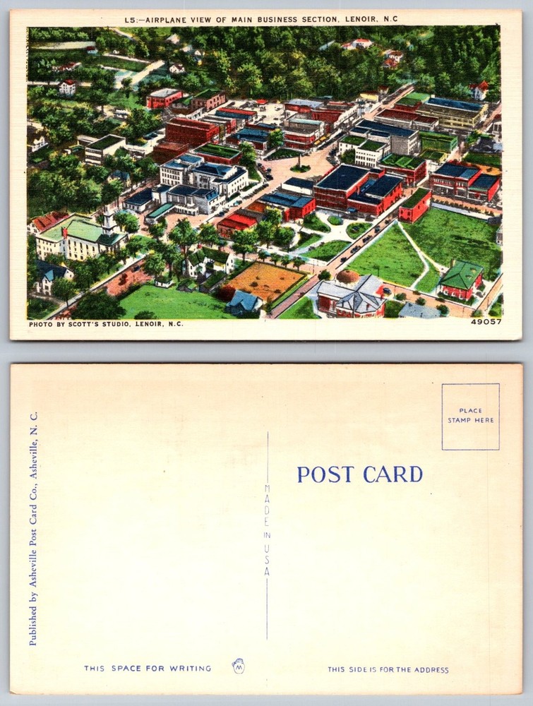 Vintage Lenoir NC Airplane View Main Business Section Postcard Asheville PC Co