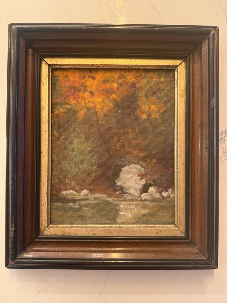 Vintage Framed Art Oil Painting on Canvas Mountain Forest Trees Landscape