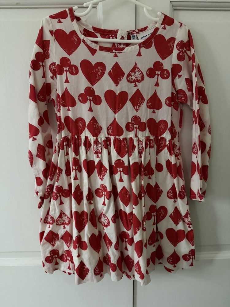 MINI RODINI Girl’s Ace Of Hearts Dress, Size 4Y, Organic Cotton Poplin, EUC