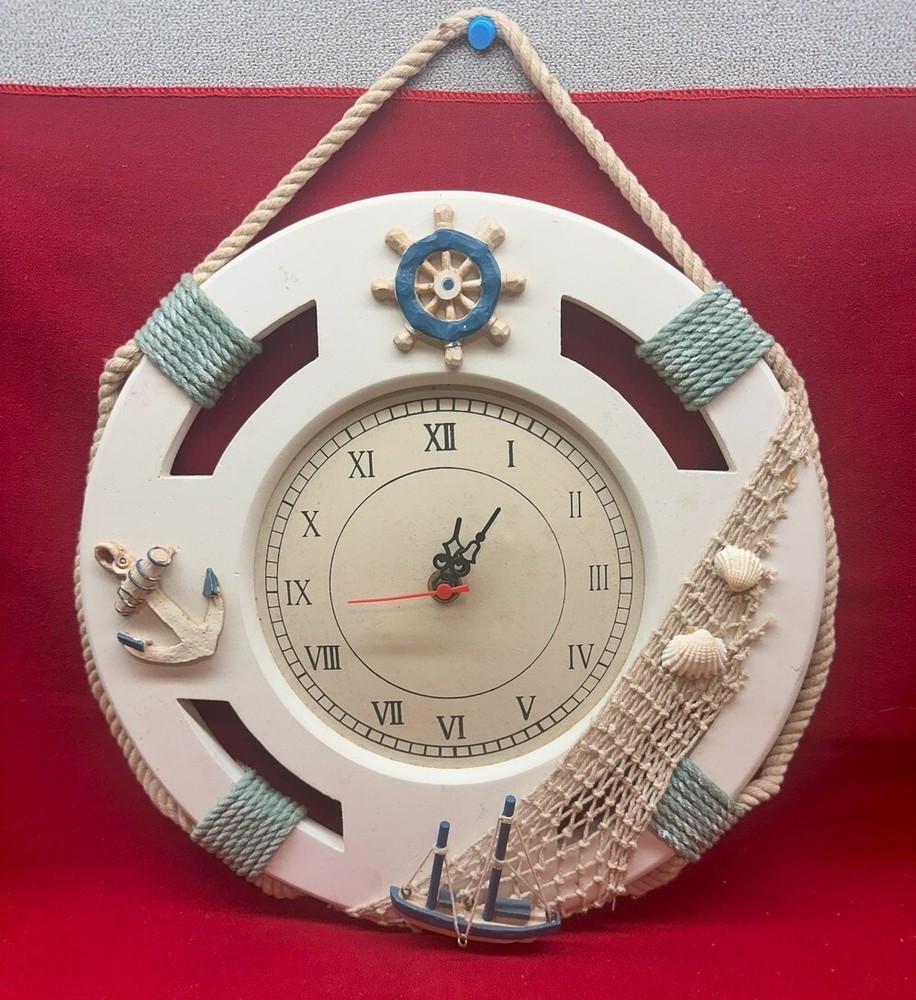Nautical Life Preserver Wall Clock Boat Accent Battery Powered Home Decor ~12½