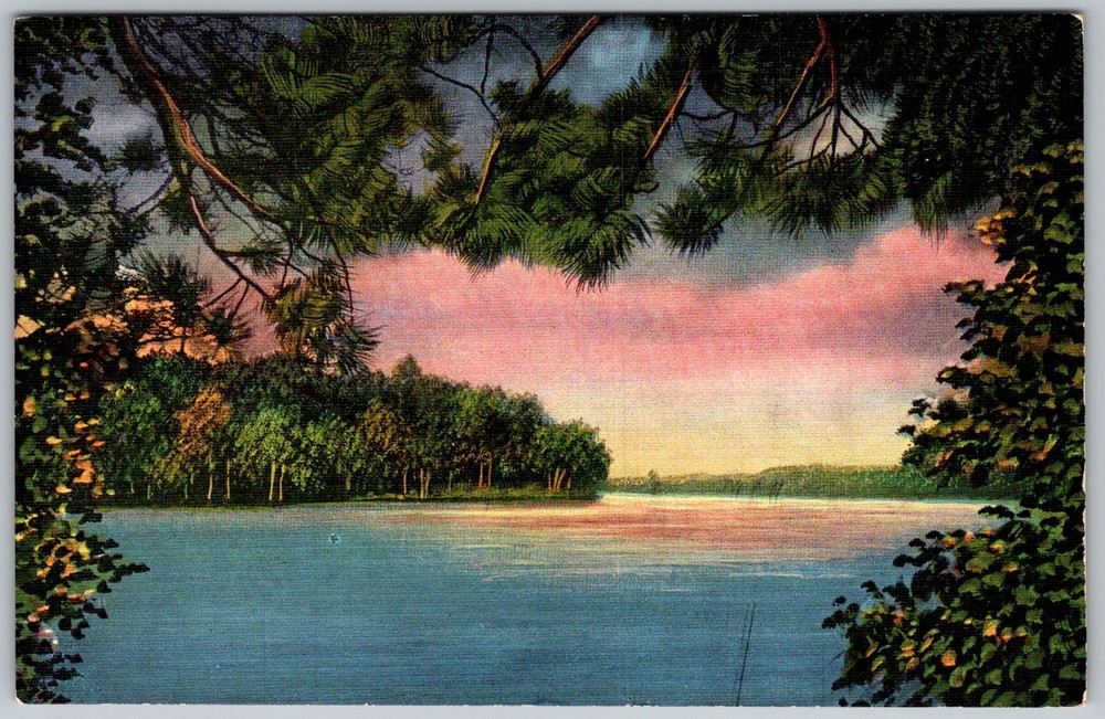 Vtg Linen Postcard Twilight Columbia Lake Waupaca, WI 1930s