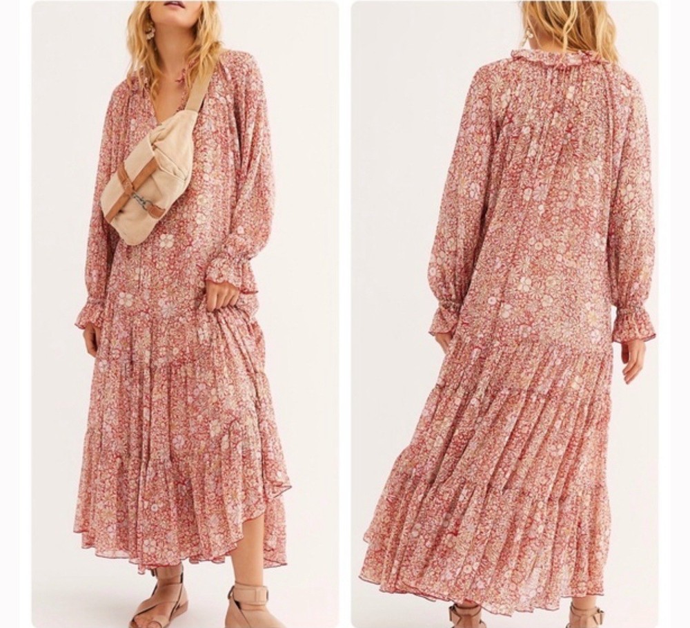 Free People Feeling Groovy Floral Maxi Dress Red size M Boho Whimsy Ruffle Neck