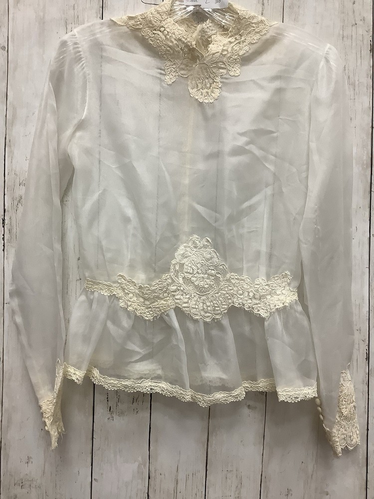 Vintage Sheer White Lace Peplum Blouse with High Neck and Long Sleeves